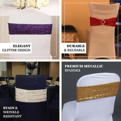 5 Pack Metallic Shimmer Tinsel Spandex Chair Sashes Navy Blue - Durable and Reusable Stretch Chair Bands