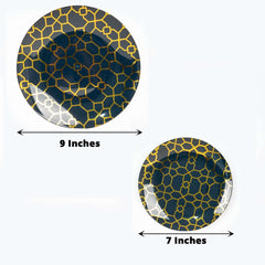 20-Pack Set Plastic Round Dinner and Salad Plates in Navy Blue with Geometric Gold Print - Modern Disposable Dinnerware Set for Weddings & Celebrations 9", 7"