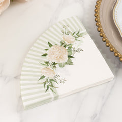 25-Pack Round Paper Cocktail Napkins with Floral Lined Pattern White/Sage Green - Disposable 2 Ply Beverage Napkins 12"