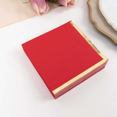 50-Pack Paper Beverage Napkins Red with Gold Foil Edge - 2 Ply Disposable Soft 18GSM Cocktail Napkins 5"x5"