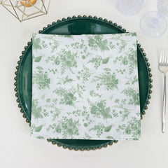 5 Pack Polyester 20"x20" Napkins Dusty Sage Green French Toile Pattern - Stylish Floral Dinner Napkins for Weddings, Events & Parties