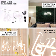 23" Let's Party Neon Light Sign, LED Reusable Wall Décor Lights With 5ft Hanging Chain