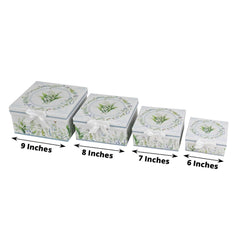 Set of 4 Cardstock Round Nesting Gift Boxes White Green Floral Design - Decorative Heavy Duty Stackable Keepsake Boxes With Lids for Presents Storage & Pedestal Stand 5",7",8",9"