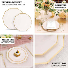 25-Pack Paper 9" Decagon Dinner Plates in White with Gold Foil Rim - Disposable Geometric Party Plates for Modern Weddings & Events