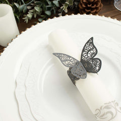 12-Pack Paper Napkin Rings Laser Cut Butterfly Black Shimmery - Decorative Serviette Holders for Events