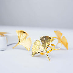 4 Pack Metallic Gold Ginkgo Leaf Napkin Rings, Ornate Design Linen Napkin Holders