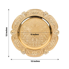 6-Pack Acrylic Round Charger Plates 13" in Gold Floral Embossed with Scalloped Rim, Plastic Decorative Charger Tableware