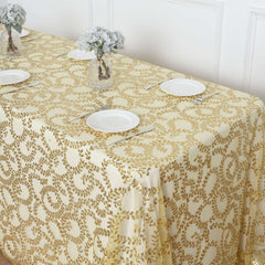 Tulle 90"x156" Rectangle Tablecloth Gold - Sequin Leaf Embroidered Design for Luxe Celebrations