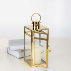 Stainless Steel Candle Lantern Vintage Top Design Gold - Outdoor Metal Patio Lantern Centerpiece 12"