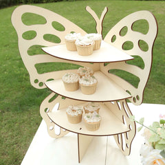 3-Tier Wooden Cupcake Stand Butterfly Design Natural - Rustic Dessert Display Shelf Rack 24"