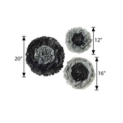 Set of 6 Charcoal Gray Giant Carnation 3D Paper Flowers Wall Decor - 12",16",20"