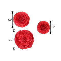 Set of 6 Red Giant Carnation 3D Paper Flowers Wall Decor - 12",16",20"