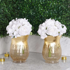 2-Pack Glass Hurricane Vases Bell Shaped Crackle Gold Curvy Design - Stylish Candle Holder Centerpieces 8"