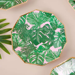 25-Pack Paper 7" Decagon Dessert Plates in Pink with Green Tropical Palm Leaves & Gold Rim - Disposable Geometric Appetizer Salad Plates for Boho Chic & Jungle Themed Events