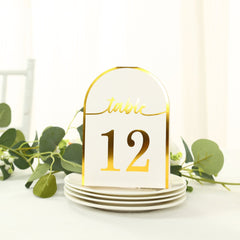 25-Pack Paper Wedding Table Numbers 1-25 White Arch Cutout Design - Sleek & Modern Free Standing Double Sided Table Tent Cards with Metallic Gold Foil Numbers 7"