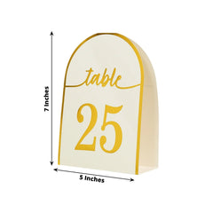 25-Pack Paper Wedding Table Numbers 1-25 White Arch Cutout Design - Sleek & Modern Free Standing Double Sided Table Tent Cards with Metallic Gold Foil Numbers 7"