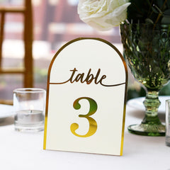 25-Pack Paper Wedding Table Numbers 1-25 White Arch Cutout Design - Sleek & Modern Free Standing Double Sided Table Tent Cards with Metallic Gold Foil Numbers 7"