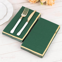 50-Pack Paper Dinner Napkins Hunter Emerald Green with Gold Foil Edge 2 Ply - Stylish Disposable Napkins