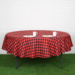 90" Black Red Buffalo Plaid Round Tablecloth, Gingham Polyester Checkered Tablecloth