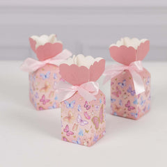 25 Pack Pink Floral Top Candy Gift Boxes With Butterfly Print, Cardstock Paper Party Favor Boxes With Satin Ribbons - 2"x5"