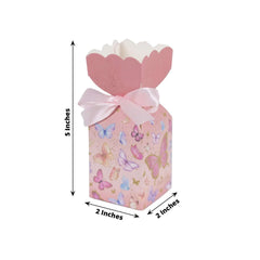 25 Pack Pink Floral Top Candy Gift Boxes With Butterfly Print, Cardstock Paper Party Favor Boxes With Satin Ribbons - 2"x5"