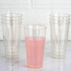 12-Pack Plastic Party Cups Clear Gold Glitter - Durable Disposable Tumblers for Drinks 17oz 5.5"