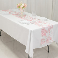 Polyester Table Runner 12"x108" White with Pink French Toile Floral Print Reusable Table Décor