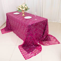 Mesh 90"x156" Rectangle Tablecloth Fuchsia/Silver - Wave Sequin Embroidered Table Cover