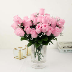 12 Bushes Pink Artificial Premium Silk Flower Rose Bud Bouquets