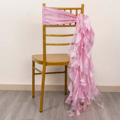 5 Pack Chiffon Satin Chair Sashes Pink - Easy to Install Ruffled Curly Willow