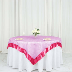 72"x72" Fuchsia Embroidered Sheer Organza Square Table Overlay With Satin Edge