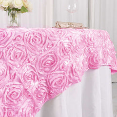 Satin 72"x72" Table Overlay Square Tablecloth Pink - 3D Rosette Table Cover