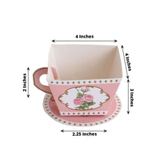 25 Pack Dusty Rose Mini Teacup and Saucer Party Favor Boxes with Rose Floral Print, Tea Time Candy Boxes - 4"x3"