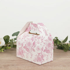 25 Pack Candy Treat Tote Boxes in French Toile Pattern - Matte Pink and White Party Favor Gable Boxes, Cardstock Paper - 6"x3.5"x7"