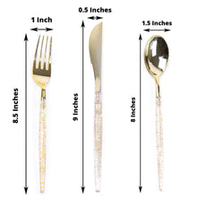 24-Pack Plastic Cutlery Set Metallic Gold with Gold Glitter - Stylish Disposable Silverware-Pack 8"