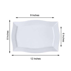 10-Pack Serving Plates Rectangular Design with Wave Trimmed Rim Glossy White - Plastic Disposable Event Plates 12"