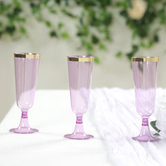 12-Pack Plastic Champagne Flutes Transparent Purpler with Gold Rim - Stylish Disposable Cocktail Glasses for Parties 5oz 6"