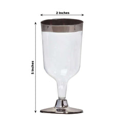 12-Pack Plastic Wine Glasses Clear with Chrome Silver Rim - Stylish Short Stem Disposable Cups for Parties 6oz