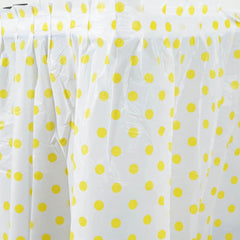 14ft 10 Mil White Yellow Polka Dots Pleated Plastic Table Skirts, Disposable Table Skirt Spill Proof