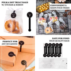 50 Pack Clear Black Dotted Plastic Goodie Gift Bags with "Thank You" Paper Stickers, Rectangular Party Favor Candy Treat Bags - 3"x9"