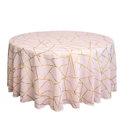 Polyester 120" Round Tablecloth Blush with Gold Foil Geometric Pattern Wrinkle-Resistant Seamless Table Cover