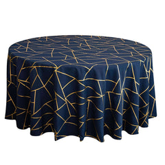 Polyester 120" Round Tablecloth Navy with Gold Foil Geometric Pattern Wrinkle-Resistant Seamless Table Cover
