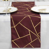 Polyester 9ft Table Runner Burgundy with Gold Foil Modern Geometric Accent