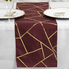 Polyester 9ft Table Runner Burgundy with Gold Foil Modern Geometric Accent