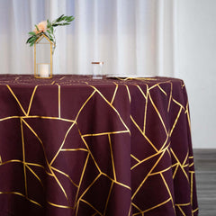 120" Burgundy Seamless Round Polyester Tablecloth With Gold Foil Geometric Pattern for 5 Foot Table With Floor-Length Drop