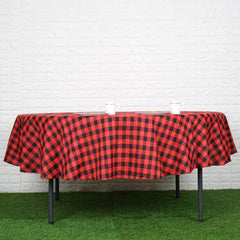 90" Black Red Buffalo Plaid Round Tablecloth, Gingham Polyester Checkered Tablecloth