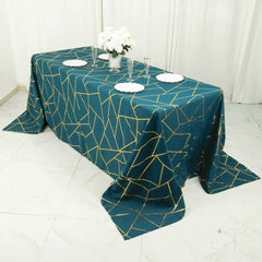 90"x132" Peacock Teal Seamless Rectangle Polyester Tablecloth With Gold Foil Geometric Pattern for 6 Foot Table With Floor-Length Drop