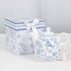 White Blue French Toile Bridal Shower Gift Set, Porcelain Teapot and Cup Set with Matching Keepsake Gift Box