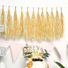 12 Pack Pre-Tied Champagne Paper Fringe Tassels With Garland String, Hanging Streamer Banner