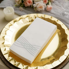 25 Pack Linen-Like Paper 8"x4" Napkins White with Metallic Silver Foil Wave Design - Soft & Absotbent Airlaid Hand Towels